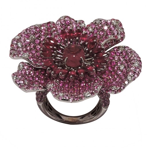 Bague Fleur de Tourmaline rose et Diamants