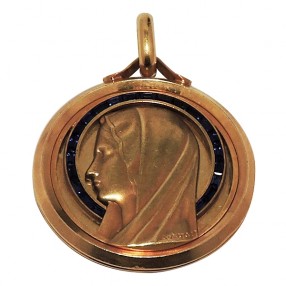 Médaille Vierge en Or Jaune et Pierres Bleues calibrées