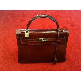 sac Hermès Kelly 32 cm en cuir brique