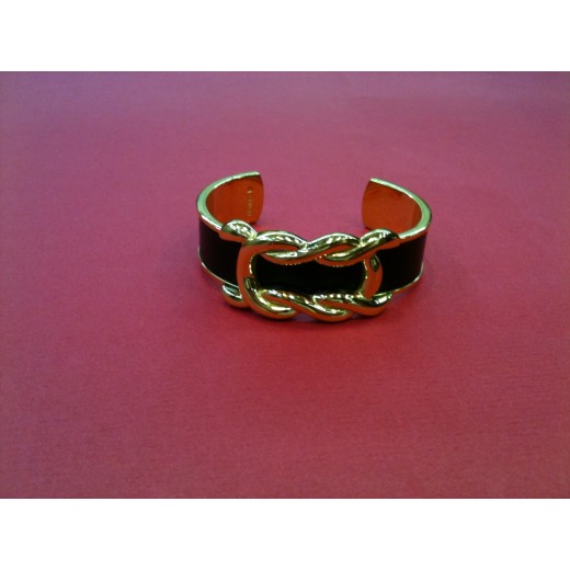 Bracelet Hermès en cuir noir et plaqué or