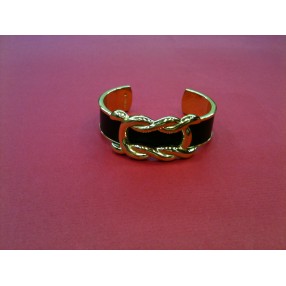 Bracelet Hermès en cuir noir et plaqué or