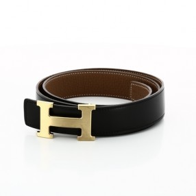 Ceinture Hermès H en cuir noir/ gold