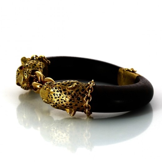 Bracelet têtes de panthères en or jaune 18k et bois
