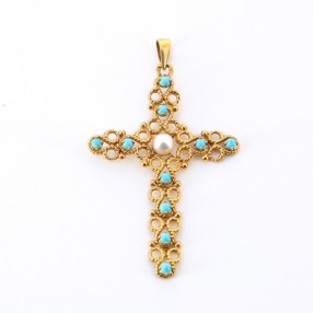 Pendentif croix perle et turquoises en or jaune 18k