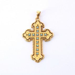 Pendentif croix orné de turquoises en or jaune 8k