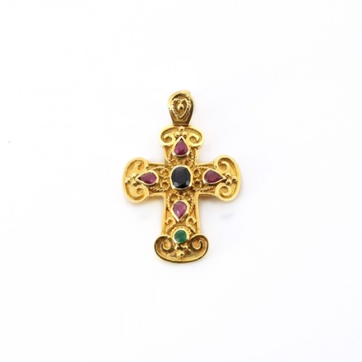 Pendentif croix tutti frutti rubis saphir et emeraude en or jaune 18 k