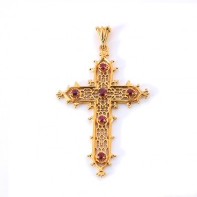 Pendentif croix orné de rubis ? en or jaune 18k