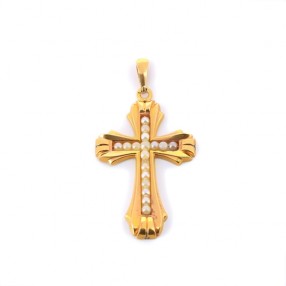 Pendentif croix en perles en or jaune 18 k
