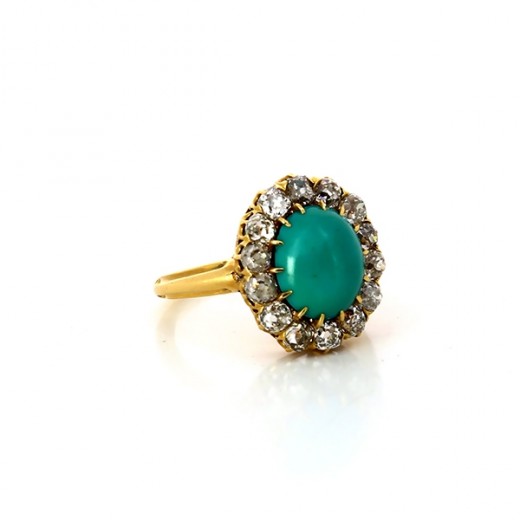 Bague ancienne turquoise et diamants en or jaune 18k