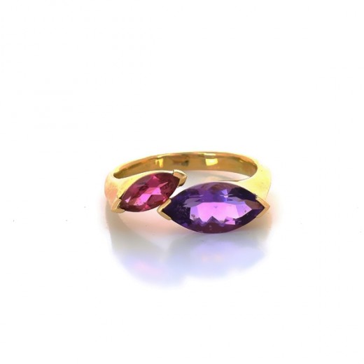 Bague 2 pierres (violette et rose) en or jaune 18k