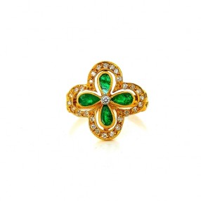 Bague Trèfle avec émeraudes et diamants en or jaune