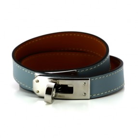 Bracelet Hermès Kelly Double tour en cuir bleu gris