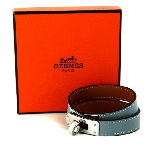 Bracelet Hermès Kelly Double tour en cuir bleu gris