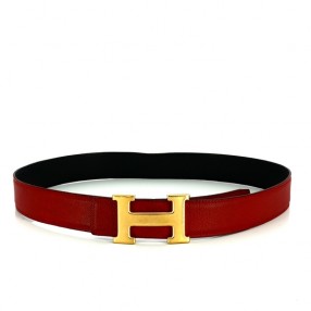 Ceinture Hermès H en cuir noir/ bordeaux