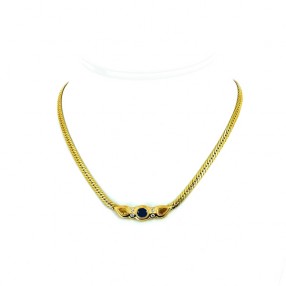 Collier centre en or jaune avec saphirs bleu et jaune et diamants