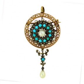 Broche, pendentif turquoise et perles