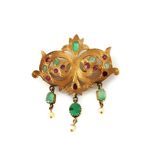 Broche avec emeraudes et rubis or jaune