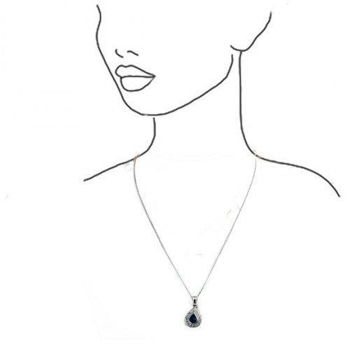Collier Pendentif En Or Blanc 14 Carats Avec Saphir - Bijou Neuf Avec étiquettes
