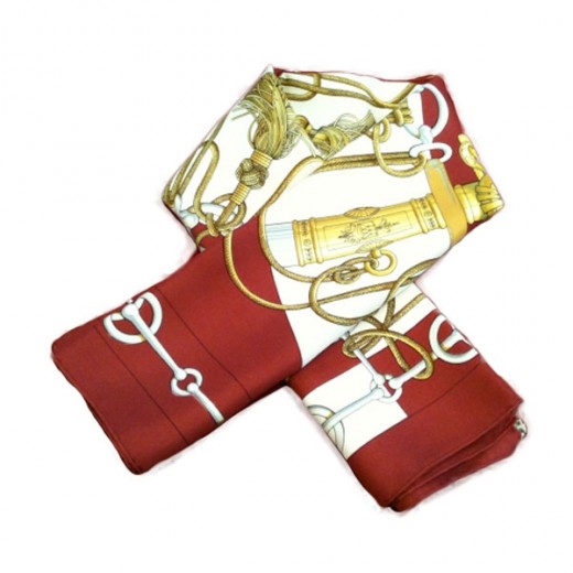 Carré Hermès Cliquetis 90 En Soie – Bordeaux, 90x90 Cm, Occasion Avec Petites Taches