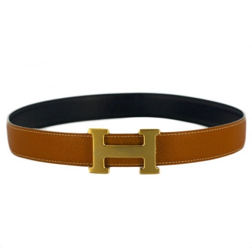 Ceinture Hermès H en cuir noir/ gold