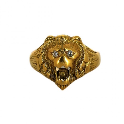 Bague Tête de lion en or jaune 18k et diamants