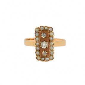 Bague XIX ème perles fines et diamants en or jaune 