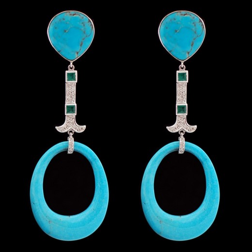 Boucles d'oreilles turquoises, émeraudes et diamants