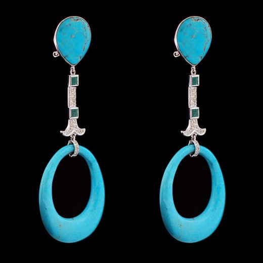 Boucles d'oreilles turquoises, émeraudes et diamants