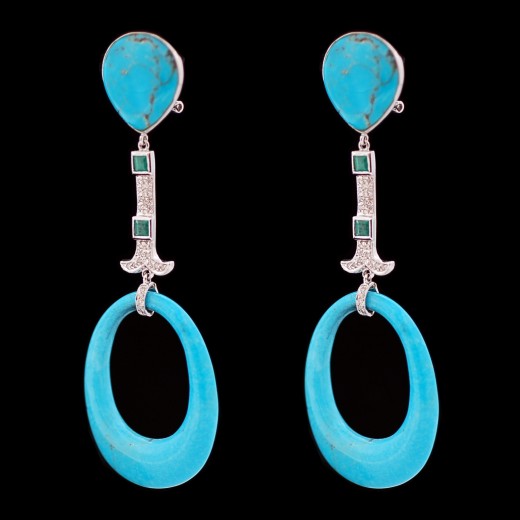 Boucles d'oreilles turquoises, émeraudes et diamants