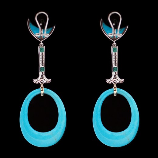 Boucles d'oreilles turquoises, émeraudes et diamants