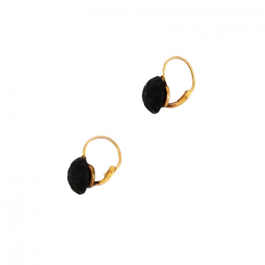 Boucles D'oreilles Anciennes En Jais Et Laiton - Bijoux De Deuil, Clips, Occasion