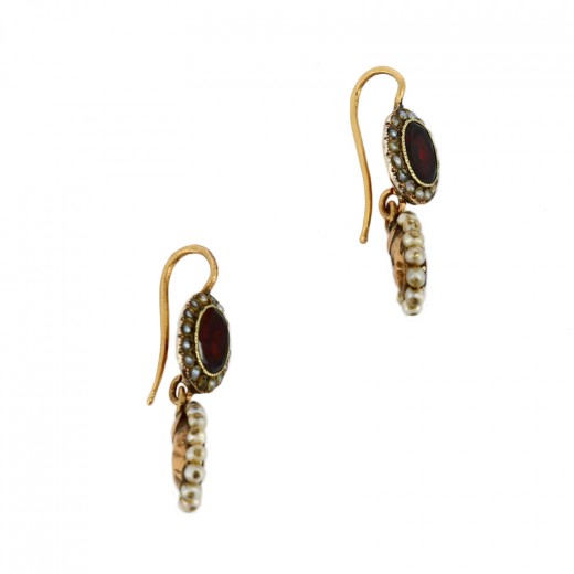 Boucles D'oreilles Anciennes Art Déco - Grenat Naturel En Or 18 Carats - Très Bon état
