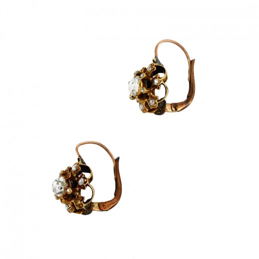 Boucles D'Oreilles Anc. Dormeuses Art Nouveau - Gui Porte-Bonheur Strass - Vintage