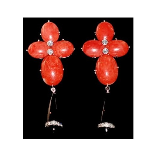 Boucles d'oreilles corail onyx et diamants