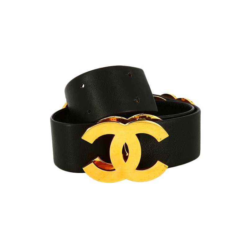 Ceinture Large Chanel en Cuir et Metal Dore