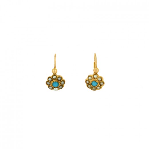 Boucles d'oreilles dormeuses CIRCUS Or - Perles blanches & turquoise