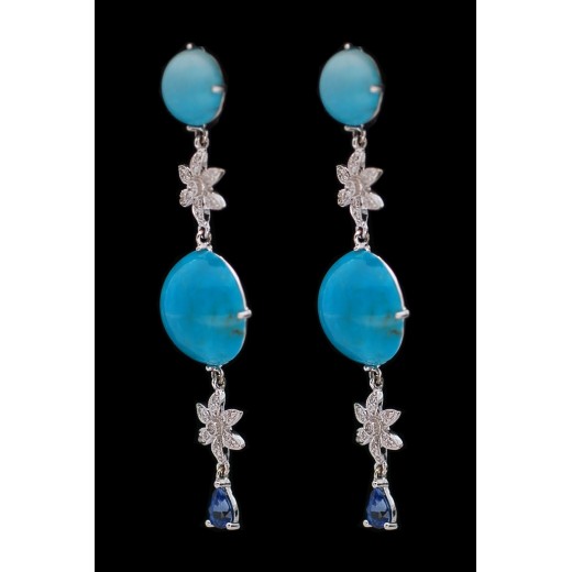 Boucles d'Oreilles pendantes Turquoise et diamants