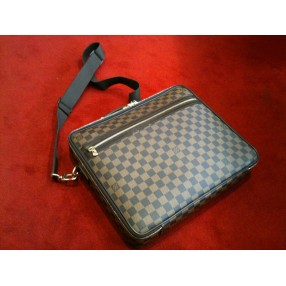 Porte ordinateur Louis Vuitton Savana en toile damier ébène