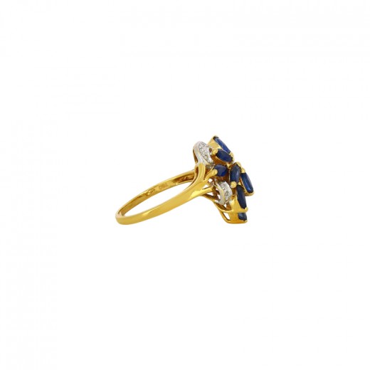 Bague Cocktail Vintage Or 18k - Saphirs Bleus Et Pierres Blanches - Taille 50 - Style Navette Fleur